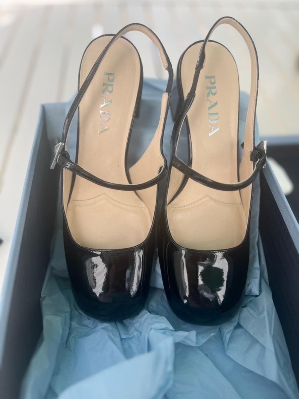 Prada Black Patent Mary Jane Slingback Pumps
